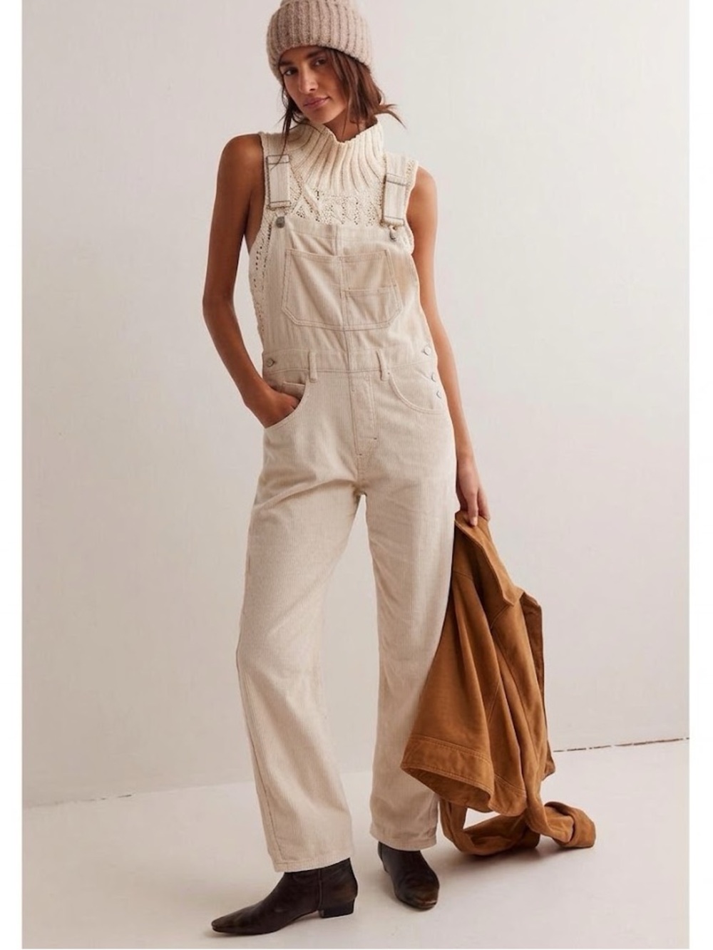 We The Free x Free People Natural Ziggy Cord Overalls Medium Bohemian Utility